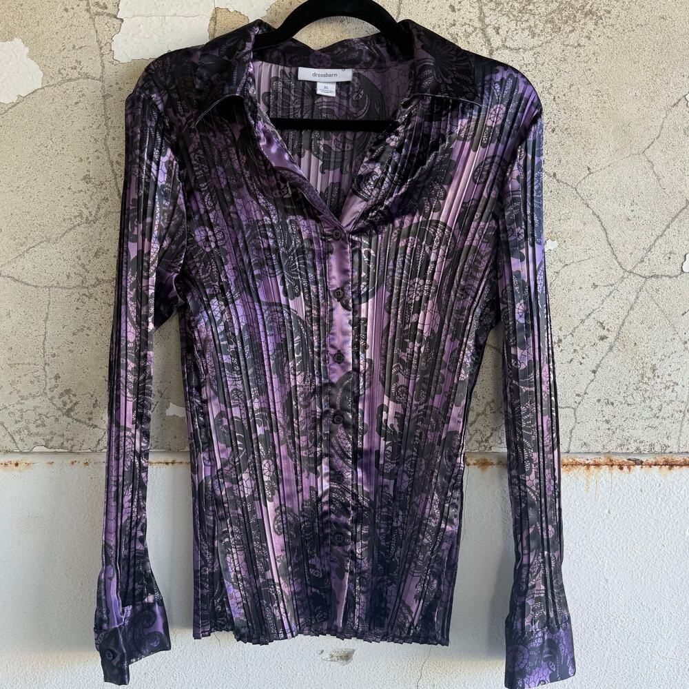 Dress barn Purple and Black Floral Stripe Satin Button-Front Blouse Size XL
